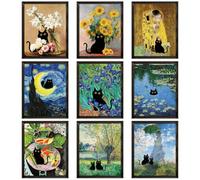 Dazoratix Cat Wall Art Decor - 9 Pcs Funny Black Cats Famous Paintings Posters Prints Vintage Gallery Wall Poster Cute Animal Aesthetic Artcat Collage Pictures for Living Room Bedroom Home (Unframed)