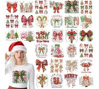 Dazoratix Christmas Bow Iron on Transfers - 30 Sheets Cute Coquettee DTF Ready to Press Bulk Heat Patches Merry Xmas Vinyl Stickers Decals for T Shirts Clothes Hoodies Pillow Bag DIY Crafts Decoration