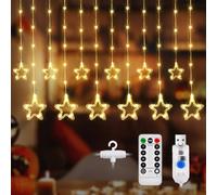 DazSpirit LED Curtain Star String Lights, 12 Stars 3.5m 144 LED Christmas Star Window Light, Remote 8 Modes, Waterproof, USB Powered, Timer, for Christmas, Bedroom, Party Decorations (Warm White)