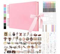 DazSpirit Scrapbook Photo Album, Hardcover DIY Memory Book, 80 Pages, Pink | 29 x 21.5 cm Photo Book with Ribbon, Scrapbook Kit with 12 Marker Pens, Stickers and Stencils, For Wedding, Birthday & Travel