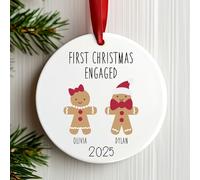 Dazzilicious Designs First Christmas Engaged Ceramic Gingerbread People Hanging Ornament | Personalised Names (Red Ribbon)