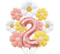 Dazzjoy 2nd Birthday Girl Decoration Set with Daisy Foil Balloons, Rose Gold Number 2, 9 Pieces (White, Yellow, Pink, Rose Gold) for 2-Year-Old Girls