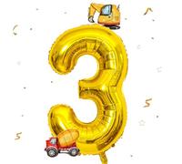 DazzJoy Excavator Balloon 3rd Birthday, 40 Inch Gold Number Balloon 3 with Excavator Foil Balloon, Digger Birthday Decoration 3 Years Boy, Excavator Decoration Numbers 3 Balloon, Construction Site