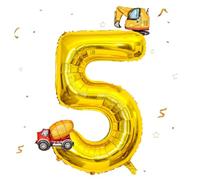DazzJoy Excavator Balloon 5th Birthday, 40 Inch Gold Number Balloon 5 with Excavator Foil Balloon, Digger Birthday Decoration 5 Years Boy, Digger Decoration Numbers 5 Balloon, Construction Site Party