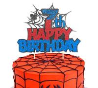DazzJoy Spider Happy Birthday Cake Topper 7th Birthday Boy, Glitter Cake Decoration 7th Birthday Boy, Spider Cake Decoration Children's Birthday, Happy 7th Birthday Cake Decoration