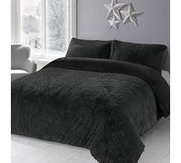 Dazzle Collection Teddy Cuddles Fluffy Fur Fleece Duvet Cover with Pillow Case Set Super Soft Warm & Cosy Hug & Snug Long Pile Fleece Quilt Cover Bedding Set (Black, Double)