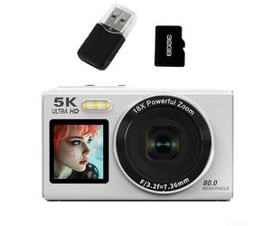 DAZZLEEX 5K Digital Camera with Dual Screens, 80MP Interpolation, 18x Zoom, WiFi Transfer, Electronic Image Stabilisation, HD Video Recording for Vlogging and Travel Pho(White 32G)