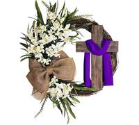 DAZZLEEX Easter Wreath with Rustic Cross and Faux Cream Lilies, Artificial Greenery Garland for Home, Party & Holiday Decor, 35 cm Diameter(B)