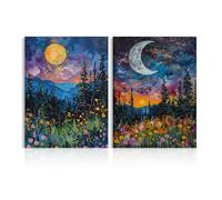 Dazzlewall 2Pcs Vintage Moonlit Forest Wildflowers Wall Art Set,Full Moon & Crescent Moon Floral Landscape Canvas Prints for Bedroom Living Room Decor 12x16 in Unframed