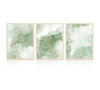 Dazzlewall 3pcs Abstract Green Wall Art, Gilded Sage Green Ink Splash Artwork Print Home Wall Decor for Living Room Bedroom Bathroom, 12x16 in Unframed
