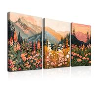 Dazzlewall 3Pcs Framed Boho Mountain Flower Wall Art Pictures, Abstract Floral Landscape Prints, Daisy and Wildflower Paintings for Bedroom Living Room Decor 12x16 in
