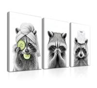 Dazzlewall 3Pcs Framed Funny Raccoon Bathroom Wall Art Posters, Black and White Raccoon Wall Art Prints for Bathroom Toilet Laundry Room Decor 12x16 in