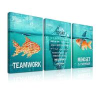 Dazzlewall 3Pcs Framed Motivational Office Wall Art, Fish & Shark with Teamwork Mindset Inspirational Quote for Bedroom Home Office Decor 12x16 in