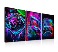 Dazzlewall 3Pcs Framed Neon Gaming Wall Art Controller Gamepad Pictures, Video Game Wall Art Posters for Teen Boys Room Dorm Game Room Decor 12x16 in