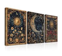 Dazzlewall 3Pcs Framed Vintage Boho Gothic Wall Art Set,Sun & Moon Tarot Cards Floral Mysterious Occult Canvas Prints for Bedroom Living Room Decor 12x16 in