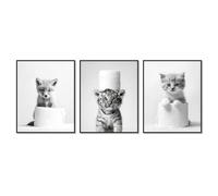 Dazzlewall 3Pcs Funny Animal Bathroom Wall Art Set,Black and White Cute Fox Tiger Kitten with Toilet Paper Wall Art Prints for Toilet Bathroom Decor 8x10 in Unframed