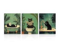 Dazzlewall 3Pcs Funny Cat Bathroom Wall Art Pictures, Vintage Black Cat Wash Its Paws Reading Newspaper Art Prints for Bathroom Toilet Decor 8x10 in Unframed