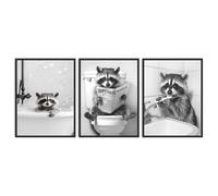 Dazzlewall 3Pcs Funny Raccoon Wall Art Set, Black White Raccoon Bathtub Toilet Posters for Bathroom Decor 12x16 in Unframed