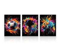 Dazzlewall 3Pcs Graffiti Boys Room Wall Art, Colourful Football Headphone Gamepad Pictures for Bedroom Teens Playroom Boy Dorm Home Decor 12x16 in Unframed
