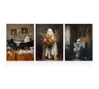 Dazzlewall 3pcs Halloween Ghost Wall Art Decor, Ghost in Bathroom Flower Dark Academia Halloween Wall Decor, Gothic Artwork Print for Bathroom, 12x16 in Unframed
