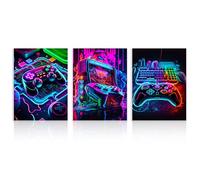 Dazzlewall 3Pcs Neon Gaming Wall Art Controller Gamepad Pictures, Video Game Wall Art Posters for Teen Boys Room Dorm Game Room Decor 12x16 in Unframed
