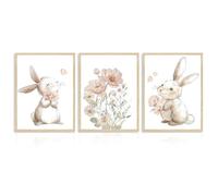 Dazzlewall 3Pcs Pink Easter Nursery Bunny Art Set, Watercolor Floral Rabbit Posters for Bedroom Living Room Decor 12x16 in Unframed