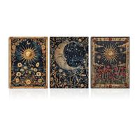 Dazzlewall 3Pcs Vintage Boho Gothic Wall Art Set,Sun & Moon Tarot Cards Floral Mysterious Occult Canvas Prints for Bedroom Living Room Decor 12x16 in Unframed