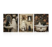 Dazzlewall 3Pcs Vintage Ghost Wall Art Print, Halloween Ghost & Black Cat Bathroom Artwork Print Creepy Horror Dark Academia Wall Poster, 8x10 in Unframed
