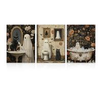 Dazzlewall 3Pcs Vintage Halloween Wall Art Print, Halloween Ghost & Black Cat Bathroom Wall Picture Print Creepy Horror Dark Academia Poster, 12x16 in Unframed