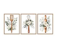 Dazzlewall 3Pcs Watercolor Kitchen Floral Wall Art, Utensils & Greens with White Roses, for Dining Room Restaurant Decor 12x16 in Unframed