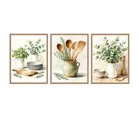 Dazzlewall 3Pcs Watercolor Kitchen Wall Art, Herbs, Utensils & Greens with Plates, for Dining Room Restaurant Decor 12x16 in Unframed