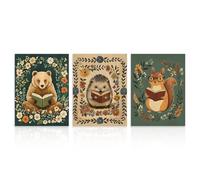 Dazzlewall 3Pcs Woodland Animal Reading Wall Art Set, Folk Art Bear Hedgehog Squirrel Posters for Nursery Playroom Decor 12x16 in Unframed