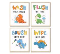 Dazzlewall 4 PCS Dinosaur Bathroom Wall Art Prints Inspirational Quotes Poster, Funny Dinosaur for Bathroom Kids Room Decor 8x10 in Unframed