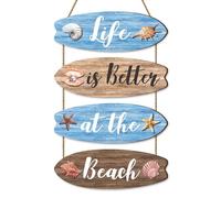Dazzlewall 4Pcs Beach Bathroom Wall Decor, Blue Wooden Surfboard Coastal Hanging Plaques Inspirational Quote Signs Ornaments for Bedroom Living Room 11.4x3.9 in