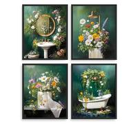 Dazzlewall 4Pcs Botanical Bathroom Wall Art Set,Vintage Greenery Floral Bathtub Sink Shower Canvas Pictures Prints for Bathroom Toilet Decor 8x10 in Unframed