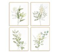 Dazzlewall 4Pcs Botanical Watercolor Flower Art Prints, Sage Green Plants Wall Art Decor, Minimalist Leaves Picture for Bedroom Bathroom Decor 8x10 in Unframed