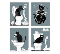 Dazzlewall 4pcs Funny Cat Bathroom Wall Art, Black Cat Unrolling Toilet Paper Bathroom Wall Decor Print Gray Blue Quirky Animal Paint, 8x10 in Unframed