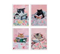 Dazzlewall 4Pcs Funny Cat Reading Book Wall Art Posters, Vintage Cat Aesthetic Art Prints for Nursery Girls Bedroom Study Room Decor 8x10 in Unframed