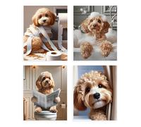 Dazzlewall 4pcs Funny Dog Bathroom Wall Art, Poodle with Toilet Paper Bathtub Dog Picture Print Quirky Animal Poster for Bathroom, 8x10 in Unframed