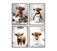 Dazzlewall 4Pcs Funny Highland Cow Bathroom Wall Art Posters, Rustic Farmhouse Cow Wall Art Prints for Toilet Bathroom Decor 8x10 in Unframed