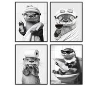 Dazzlewall 4Pcs Funny Otter Bathroom Wall Art Set,Retro Black and White Cute Otter Wall Art Prints for Toilet Bathroom Decor 8x10 in Unframed