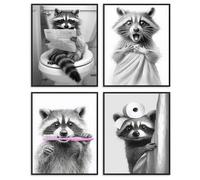 Dazzlewall 4Pcs Funny Raccoon Bathroom Wall Art Set,Retro Black and White Cute Raccoon Wall Art Prints for Toilet Bathroom Decor 8x10 in Unframed