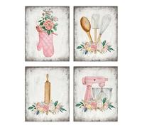 Dazzlewall 4Pcs Vintage Rustic Flower Kitchen Wall Art Posters, Pink Floral Prints with Spoon Mixer Gloves Artwork, Farmhouse Holiday Restaurant Decor for Kitchen Dining Room 8x10 in Unframed