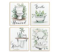 Dazzlewall 4Pcs Watercolor Greenery Bathroom Wall Art, Relax/Soak/Unwind/Breathe Eucalyptus Bath-Themed Pictures for Toilet Bathroom 8x10 in Unframed