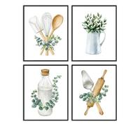 Dazzlewall 4Pcs Watercolor Kitchen Utensil Posters, Farmhouse Botanical Eucalyptus Pictures for Kitchen Dining Room Decor 8x10 in Unframed