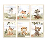 Dazzlewall 6Pcs Animal Nursery Wall Art Pints, Cute Fox Bear Raccoon Pictures for Toddler Playroom Bedroom Kids Room Decor 8×10 in Unframed