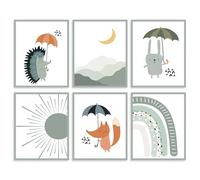 Dazzlewall 6Pcs Boho Sage Green Nursery Wall Art Prints, Cute Bunny Rainbow Pictures for Toddler Playroom Bedroom Kids Room Decor 8×10 in Unframed