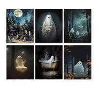 Dazzlewall 6pcs Dark Ghost Wall Art, Halloween Night Funny Ghost Artwork Print Black Wall Decor for Halloween Bathroom, 8x10 in Unframed