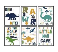 Dazzlewall 6Pcs Dinosaur Nursery Wall Art Prints, Funny Quotes Dinosaur Pictures for Toddler Playroom Bedroom Kids Room Decor 8×10 in Unframed