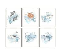 Dazzlewall 6Pcs Ocean Wall Art with Whale Shark Turtle Octopus, Underwater Sea Animal Posters for Bedroom Bathroom, Blue Marine Life Decor 8x10 in Unframed